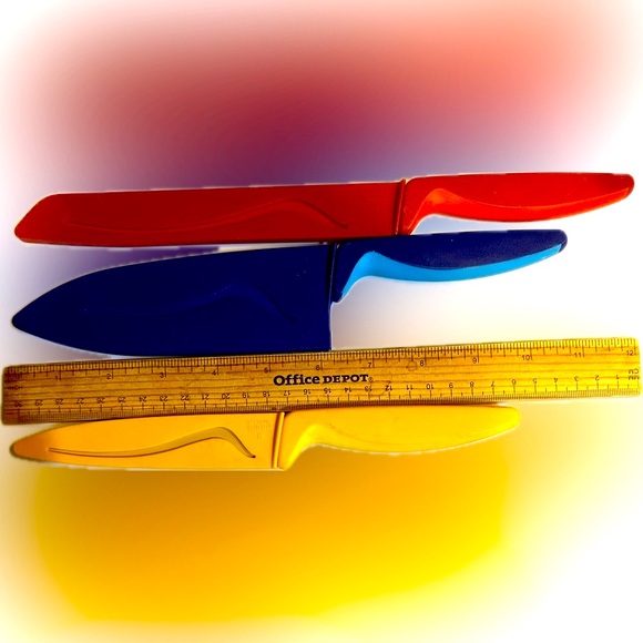 VTG RARE KUHN RIKON SET OF 3 NONSTICK BLADE KNIVES RED BLUE YELLOW 10” 11” 12” - Picture 9 of 10